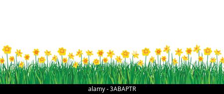 Frühling Natur Grenze mit Blumen und grünem Gras. Vektorgrafik Stock Vektor