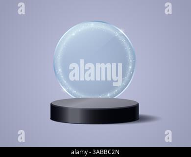 Rundes dunkles Podium auf dem Hintergrund eines transparenten runden Rahmens mit leuchtendem magischem Staub. Vektor-3D-Illustration. Stock Vektor