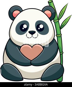 Niedlicher Karikatur-Panda, der Herz mit Bambus auf weißem Hintergrund hält. Stock Vektor