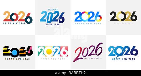 Großer Satz farbenfroher Designvorlagen mit 2026 Nummern. Farbenfrohes Logo für das neue Jahr 2026. Vektorabbildungen für Grußkarten oder Kalenderumschläge Stock Vektor