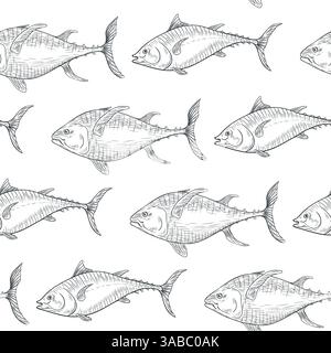 Thunfisch schwarz weiß Vektor nahtlose Muster. Meeresfische monochrome Skizze von Hand gezeichnet, wiederholte Textur. Gelbflossen-Thunfisch-Gravur-Tinte Hintergrund Stock Vektor