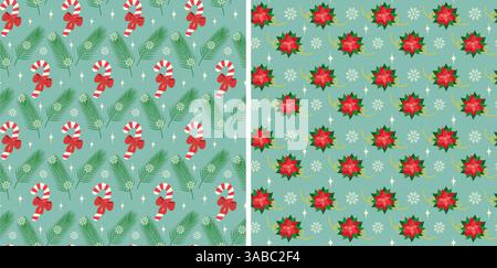Gestreifte Bonbons Stock Stock gebunden rote Schleife Kiefernzweige Weihnachtsstern Blumen Schneeflocken nahtlose Muster Set 2. Vektor-Illustration Wrapping Wallpaper Gruß Thematische Karte, Poster oder Web Promo Banner, Faltblatt Stock Vektor