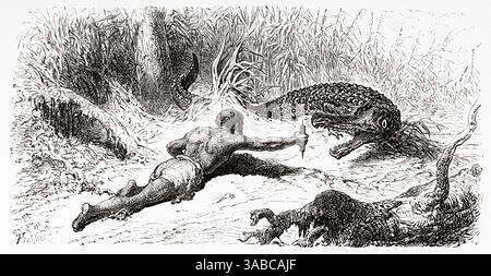 Ein Mann, der einen Alligator jagt, Kolumbien. Südamerika. Zeichnung von Alphonse de Neuville (1835–1885) Reise nach New Grenada, 1869 von Charles Saffray (1833–1890) Le Tour du Monde 1872 Stockfoto