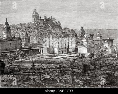 Sounghur heiliger Hügel, Madhya Pradesh Indien. Zeichnung von Georges Moynet (1849–1908) Indien der Rajahs 1864–1868. Reisen in Zentralindien und in die Präsidentschaften von Bombay und Bengalen von Louis Rousselet (1845–1929) Le Tour du Monde 1872 Stockfoto