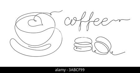 Das horizontale Banner zeigt eine Kaffeetasse mit Herz, Makronen und der Aufschrift Kaffee in Form einer durchgehenden Linie. Latte Coffee, Cappuccino auf einer Untertasse. Vektorabbildung Stock Vektor