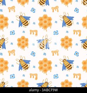 Bienen, Blumen, Waben mit nahtlosem Honigmuster, gezeichnet in Doodle-Stil, Vektor. Hintergrund für die Imkerei, helle Frühlingskinder Muster mit gelben Honigwaben. Für Verpackungen, Textilien. Stock Vektor