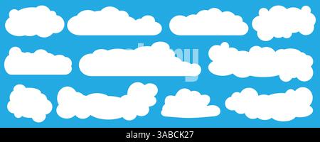 Sammlung von Illustrationen aus weißen Wolken. Vektorsatz von Karikaturwolken in flachem Design. Wolke. Stock Vektor