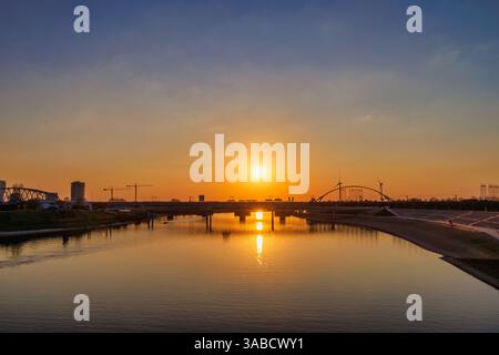 Blick bei Sonnenuntergang auf das Spiegelwaal Wasserreservat neben dem Fluss Waal in Nijmegen, Niederlande Stockfoto