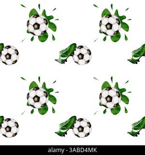 Fußball-Wasserfarbenmuster. Nahtloses Muster aus Fußballballen und einem Fußballschuh auf weißem Hintergrund. Ideal für Kinder- und Sporttextilien Stockfoto