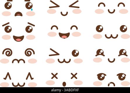 Set süßer Kawaii Emoticon-Kritzeleien. Karikaturgrafik im asiatischen Stil im kindlichen Manga-Stil. Stock Vektor