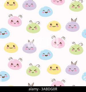 Mochi niedliche Charaktere verschiedene Gesichtsausdrücke nahtloses Muster. Helles asiatisches Essen, heller Hintergrund für Kinder. Stock Vektor
