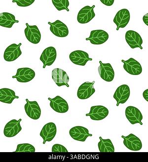 Spinat hinterlässt ein nahtloses Muster. Vektor flach Grüne Blätter von Vitaminsalat. Hintergrund für Textilien, Tischdecken, Stoffe, Tapeten, Stoffe, Etiketten, Stock Vektor