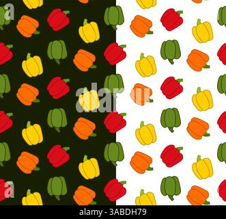 Nahtloses Muster in Paprikafarbe. Vektor flache gelbe, orange, grüne, rote Paprika auf transparentem Hintergrund. Illustration für Paket, Küchen-Desi Stock Vektor