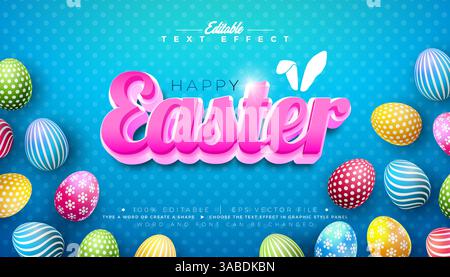 Happy Easter 3D Texteffekt Design. Editierbarer und skalierbarer Vektorgrafik-Effekt mit farbenfrohen Ei- und Typografie-Schriftzeichen Blau Stock Vektor