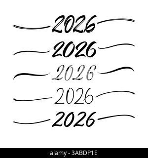 Set aus den Ikonen des Happy New Year 2026, künstlerische Linien, Schwarz-weiß-Konzepte. Dekorative Ränder. Text-Trennzeichen. Horizontales Design. Rahmenelem Stock Vektor