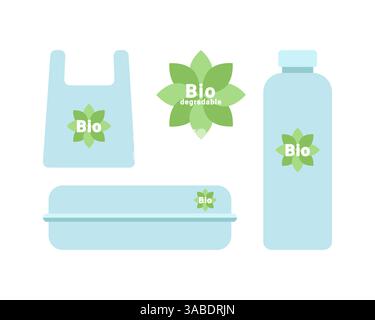 Umweltfreundliches biologisch abbaubares Verpackungsset. Box, Flasche, Paket, Einkaufstasche, nachhaltige biologisch abbaubare Behälter für Lieferung, Lebensmittel zum Mitnehmen, Geschenk. Vektorabbildung Stock Vektor