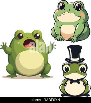 Drei Karikaturfrosche mit verschiedenen Ausdrücken und Accessoires. Ein Frosch sieht überrascht aus, ein anderer sitzt ruhig und der dritte trägt einen Hut und Stock Vektor