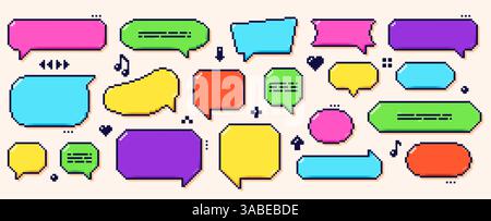 Farbdialogfelder für Pixelbilder. Sprachblasen im 8-Bit-Y2K-Stil mit einigen winzigen dunklen Elementen. Stock Vektor