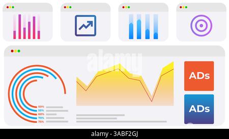 Vektorabbildung. Demografische Symbole, Balken und Symbole für Zielgruppen zeigen, wie Geschäftssegmente Zielgruppen ansprechen und die Strategie anpassen. Stock Vektor