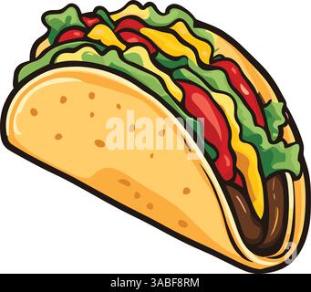 Ein farbenfroher Taco im Cartoon-Stil, gefüllt mit Salat, Tomaten, Käse und Sauce, vor weißem Hintergrund. Stock Vektor