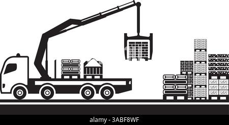 Lkw-montierter Kran Laden von Baumaterialien – Vektorillustration Stock Vektor