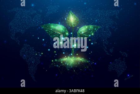 Wireframe polygonale Anlage mit Globus-Karte. Pflanzensprossen. Wachsende Pflanze in flachem Drahtmodell. Abstrakte moderne 3D-Vektor-Illustration auf Dunkelblau Stock Vektor