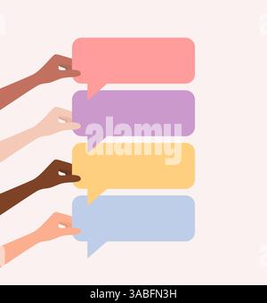 Hände von Menschen verschiedener Nationalitäten und Hauttöne mit bunten Sprechblasen. Illustration des flachen Vektors Stock Vektor