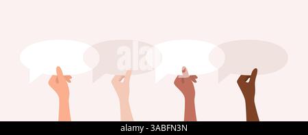 Hände von Menschen verschiedener Nationalitäten und Hauttöne, die Sprechblasen aufhalten. Illustration des flachen Vektors Stock Vektor