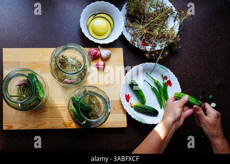 Blick von oben, frische Gurken mit Dill und Knoblauch in Glasgläsern zu Hause konservieren Stockfoto