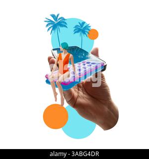 Stilvolle Frau, die auf rosa aufblasbarer Matratze sitzt, die über dem Telefonpool mit tropischen Palmen schwimmt. Zeitgenössische Kunstcollage. Stockfoto