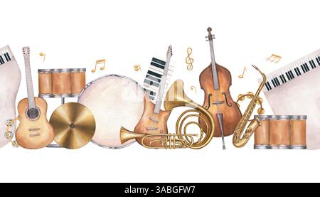 Aquarellmusikinstrumente gruppieren nahtloses Banner isolierter Hintergrund. Komposition für Gitarre, Kontrabass, Horn, Schlagzeug, Klavier und Saxophon Stockfoto