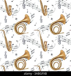 Goldene Musiknoten auf schwarzem Stab Aquarellillustration isolierter Hintergrund. Fliegende Soundsymbole auf dem winkenden Notizblock für Musik-Branding Stockfoto