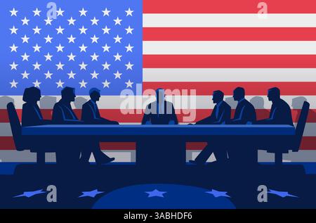 Silhouetten der Handelsverhandlungen vor amerikanischem Flaggenhintergrund, die Geschäftsdiplomatie und internationale Beziehungen in Blau- und Rottönen darstellen Stock Vektor