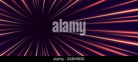 Burst-Effekt des Geschwindigkeitslichts. Dynamische radiale Bewegungsstreifen schießen von Mitte links nach außen und leuchten in einer futuristischen Neonexplosion. Ideal für Hyperspace, Rennen, Scifi-Tunnel oder schnelle Action-Designs. Stock Vektor