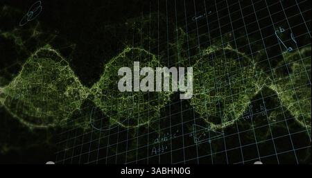 Abbildung des dna-Strangs und mathematische Gleichungen über dem Raster Stockfoto