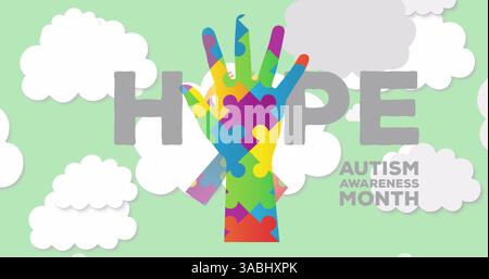 Bild von bunten Puzzleteilen, die Hand bilden und Hoffnung Autismus-Bewusstsein-Monat-Text über dem Himmel Stockfoto