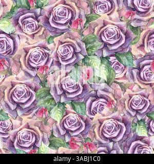 Nahtloses Muster aus violetten Rosenblättern und Knospen Stockfoto