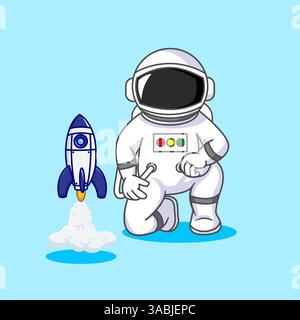Niedlicher Astronaut, der Raketenspielzeug-Illustration spielt, Raketenstart zur Weltraumillustration Vektor-Cartoon-Design Stock Vektor