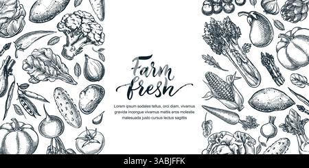Etikettendesign-Vorlage für landwirtschaftliche Gemüseverpackungen. Abbildung der Vektorskizze. Aufkleber mit handgezeichneter kalligraphischer Schrift. Brokkoli, Karotten, Tomaten Stock Vektor