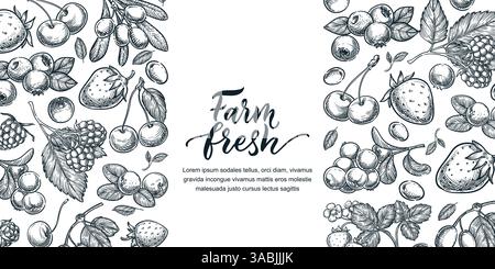 Etikettendesign-Vorlage für Bauernbeeren-Paket. Abbildung der Vektorskizze. Aufkleber mit handgezeichneter kalligraphischer Schrift. Himbeere, Heidelbeere, Stra Stock Vektor