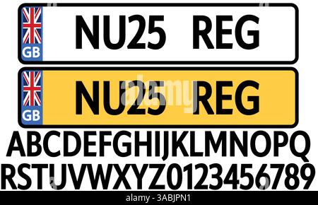 Fahrzeugkennzeichen und -Schriftzug (GB), Kennzeichen vorn und hinten, Grafikelement des neuen Autohändlers Stock Vektor