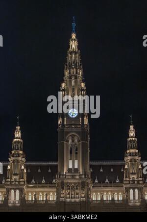 Detail in der Nacht des Rathauses das Rathaus von Wien, Österreich, wurde 1883 fertiggestellt. Stockfoto