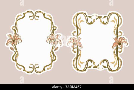 Art Nouveau Frame Banner Set Vintage Lilie Blume Label Boho Barock Stil Und Antikes Folk Ornate Motiv Stock Vektor