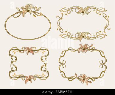 Art Nouveau Frame Banner Set Vintage Lilie Blume Label Boho Barock Stil Und Antikes Folk Ornate Motiv Stock Vektor