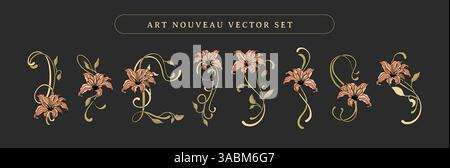 Art Nouveau Vintage Blumenschmuck Set Mit Blume Barock Motiv Antiker Boho Stil Auf Böhmischen Dunklen Hintergrund Stock Vektor
