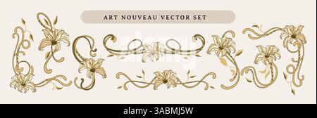 Eleganter Rahmen mit böhmischem Barock-Motiv im Jugendstil, bestehend aus Lilienblumen und dekorativen Wirbeln im Vintage Folk-Stil Stock Vektor