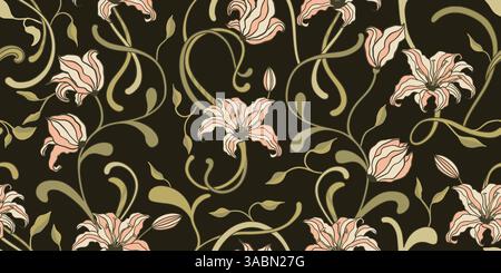Nahtloser Vektor Art Nouveau Blumen Vintage Muster Mit Eleganten Lilie Blumen Und Geschwungenen Reben Boho Stil Folk Hintergrund Stock Vektor