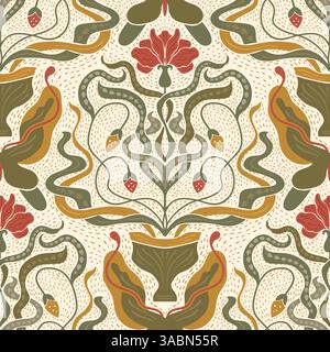 Art Nouveau Vintage Muster Blumenvase Schmetterling Nahtloses Motiv In Antikem Boho Barock Hintergrund Stock Vektor