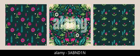 Nahtlose Vintage Muster Set Folk Art Swamp Frosch und Blume Textur ethnische Blumenmotiv Retro Waldwald Textur Boho dunkler Hintergrund Stock Vektor
