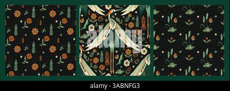 Nahtlose Vogel Vintage Wald Wald Muster Set ethnische Volkskunst Krane Vögel Blumen und Blätter Motiv auf Einem dunklen Boho Nouveau Hintergrund Stock Vektor